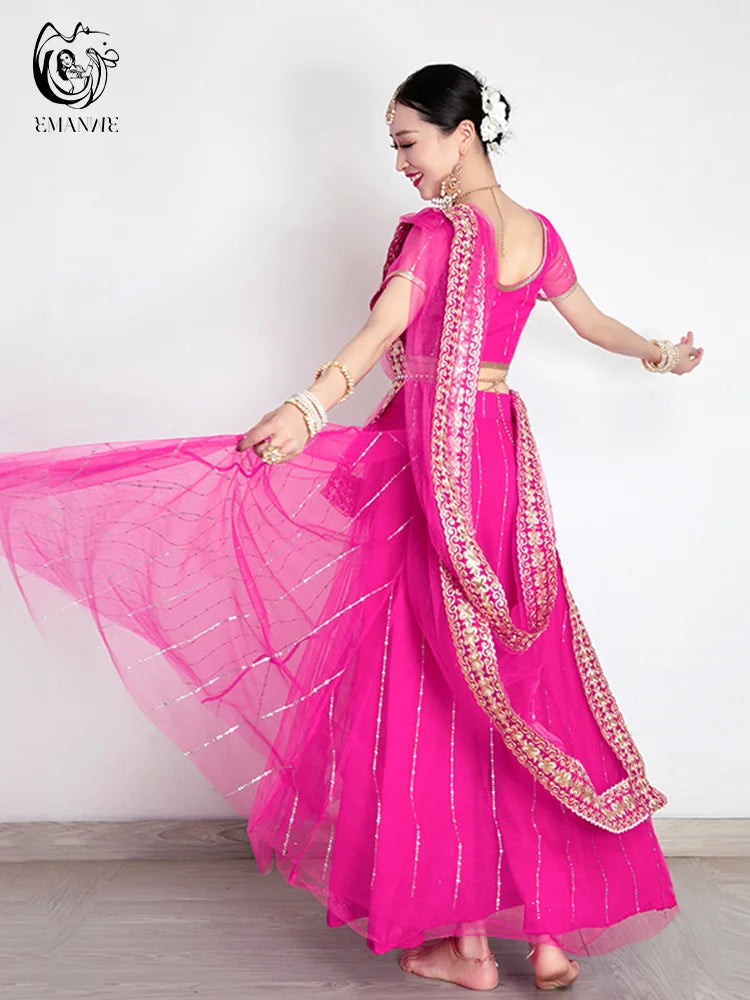 Exotic Indian Dance Costume Ethnic Style Women's Bollywood Belly Dance Dress Sari Top Large Swing Skirt  Set