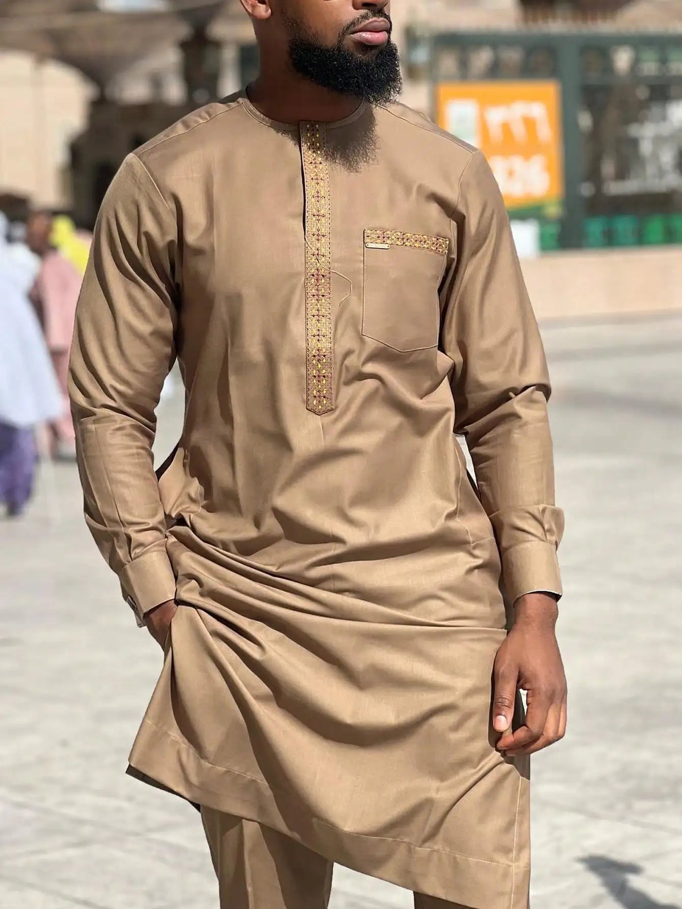 African Traditional Men Suit Printed Shirt Top Elastic Waist Pants White Wedding 2 Piece Set Outfits Ethnic Style Costumes