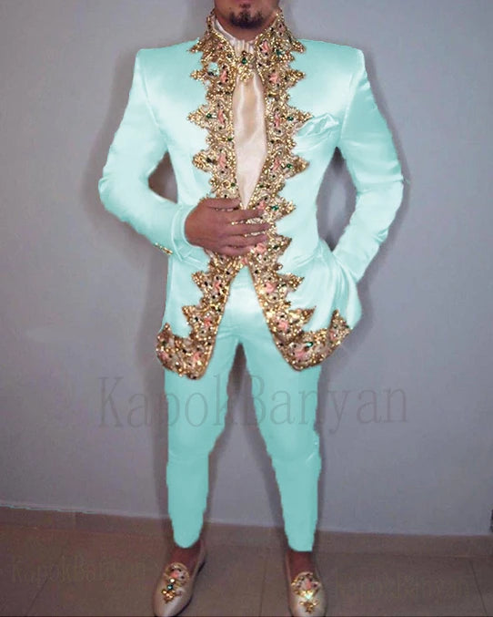 Men Suit 4K Two Piece (Jacket+Pants+Belt) Italian Stand Collar Slim Fit Wedding Suit for Men Custom Made /Embroidery Print Suit