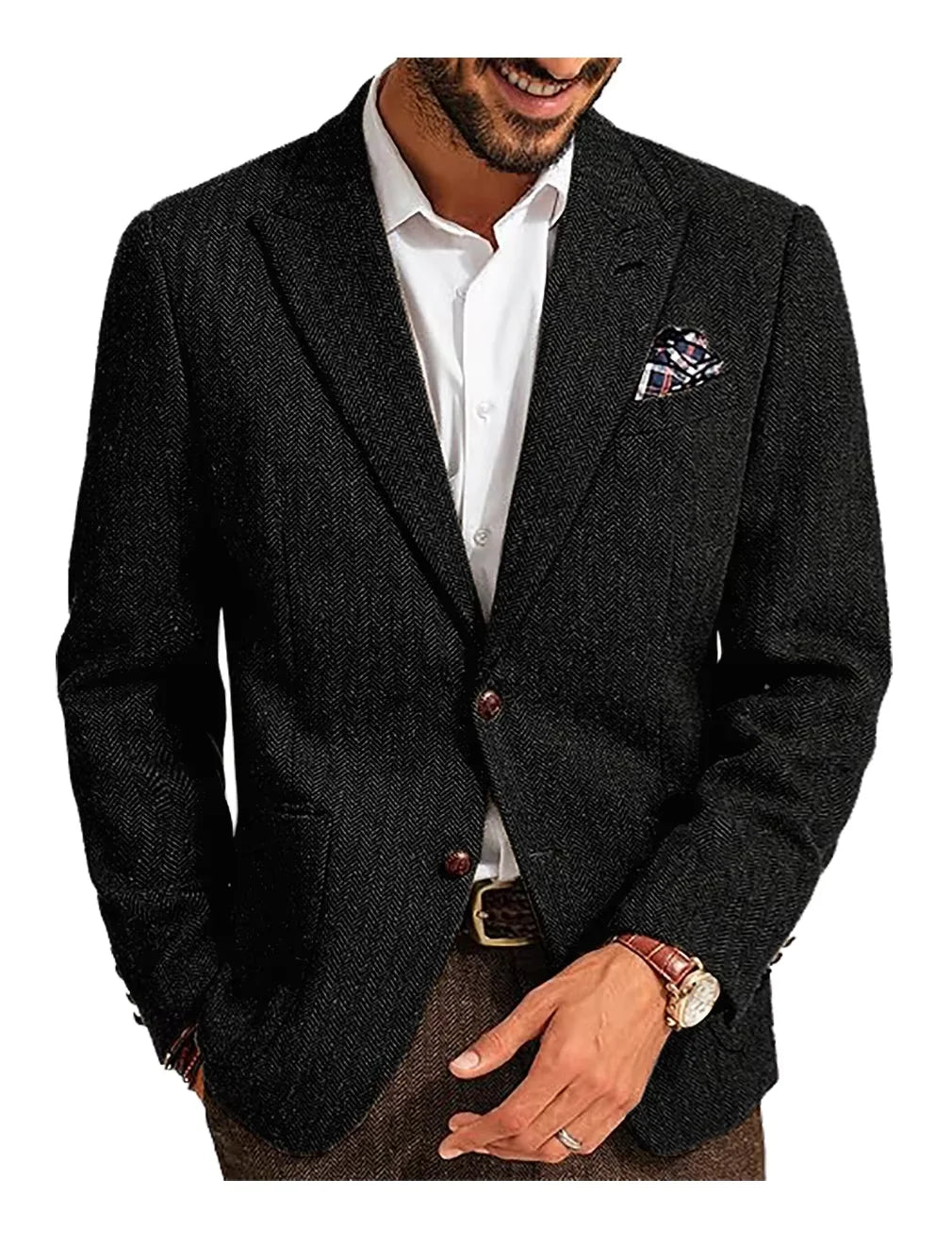 Cherub Men's Suit Brown Herringbone Blazer Prom Tuxedos Wool Tweed Single Breasted Two Buttons Business/Wedding ?Jacket