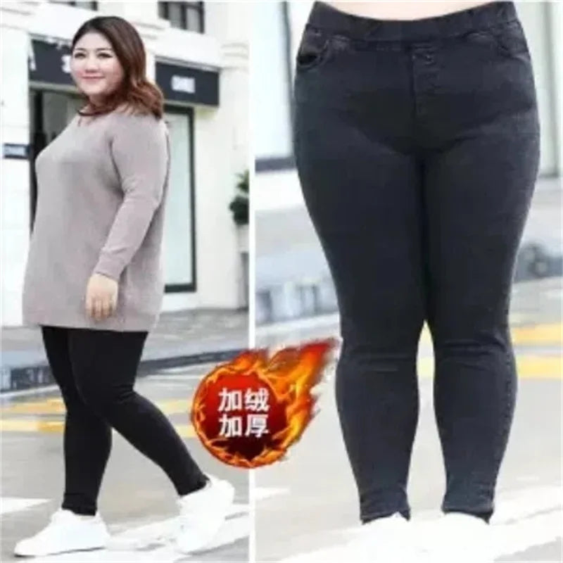 Women Jeans 2022 New Autumn Trousers High-Waist Elasticity leggings Velvet Warm Winter Denim Pants Female Long Pants 6XL 7XL 8XL