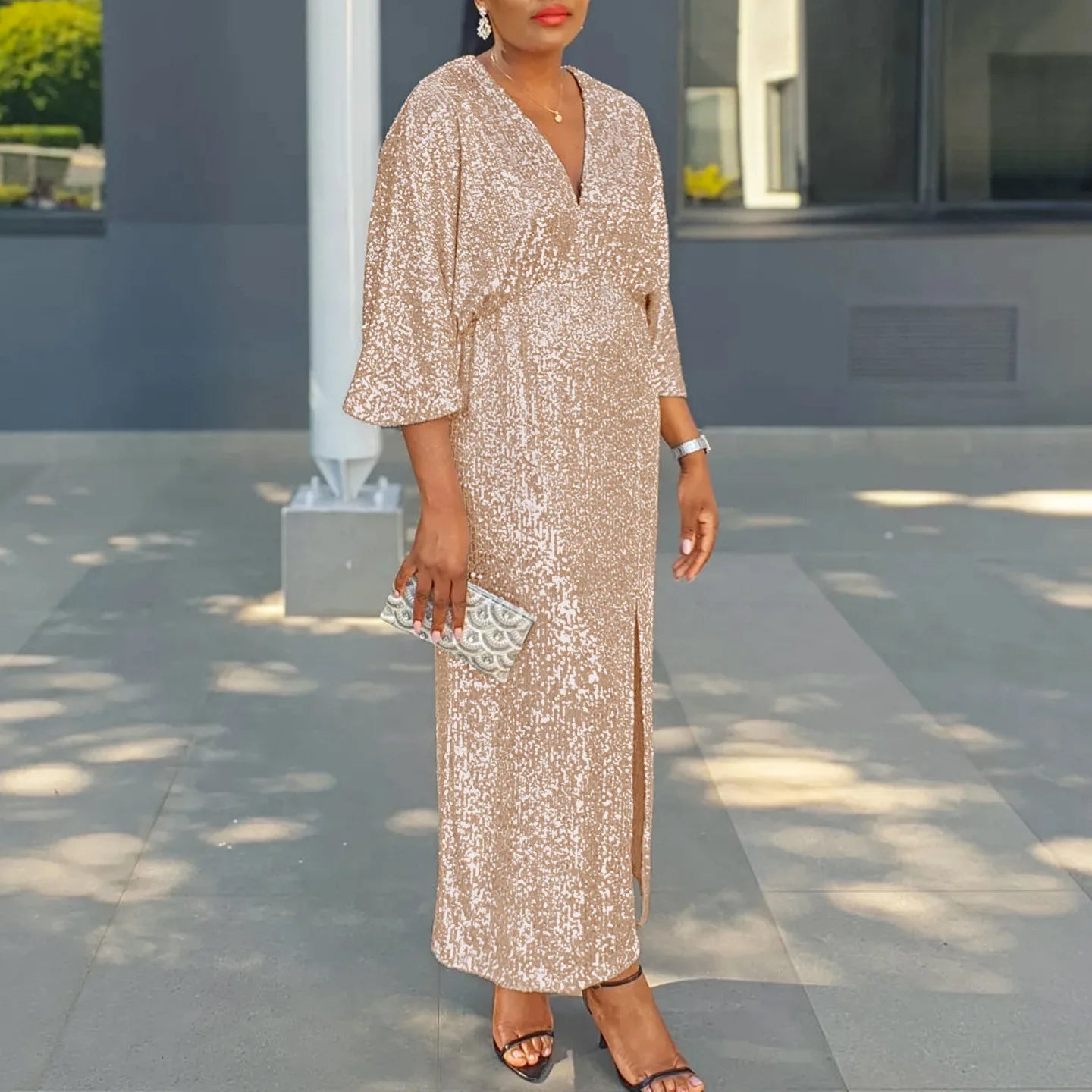 Sequin Dress Women Ankle Length Dresses High Waist Loose Party Night Club V Neck Lantern Sleeve Slight Strech Casual Vestidos