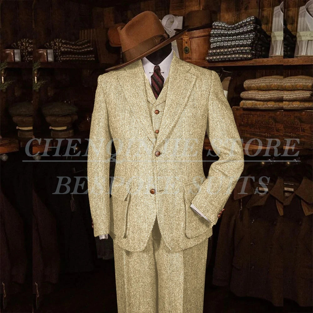 Elegant Tweed Men's Suits for Winter Single Breasted Notch Lapel Slim Fit Male Clothing High Quality 3 Piece Jacket Pants Vest