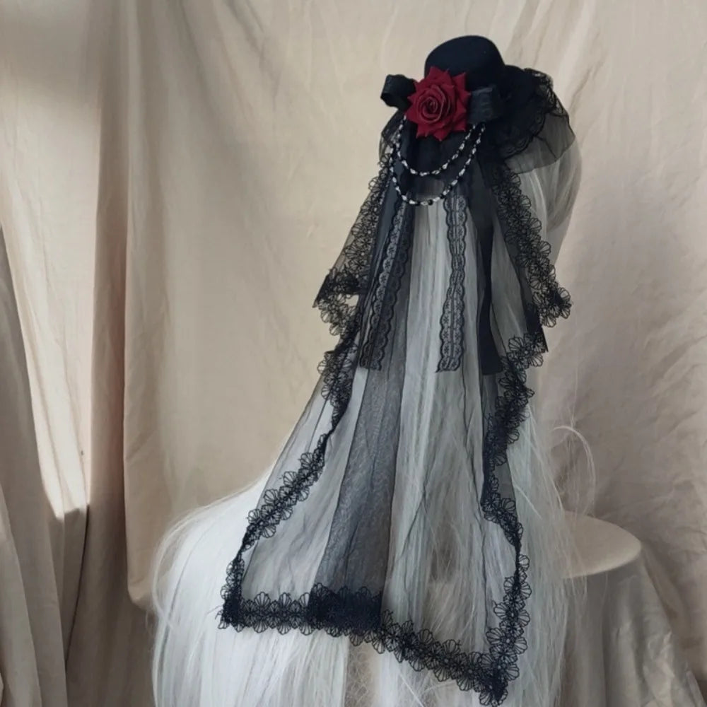 Cherub Flowers Bow Decor Funeral Home Going /Wedding Veil Rose Top Hat Black or White Cosplay Costume Lolita Headdress