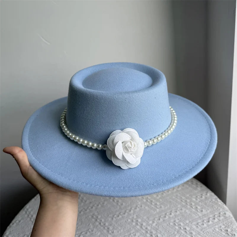 Cherub French Big Brim organza /Church Hat Women Elegant Flat-top Fedora Hat.