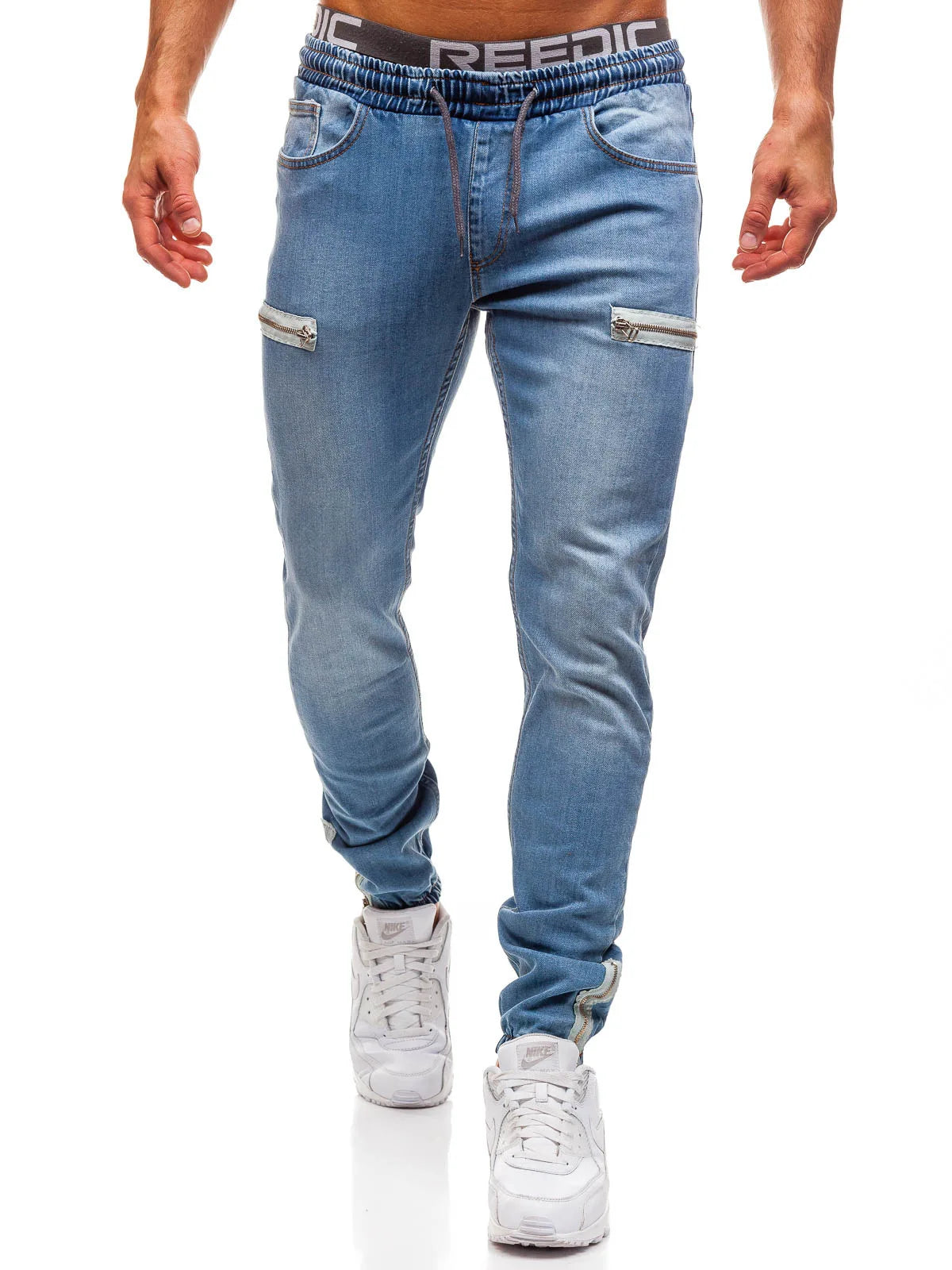 Jeans Men Casual Drawstring Elastic Waist Denim Skinny Trousers Pencil Pants Vintage Streetwear Washed Ankle Length Denims