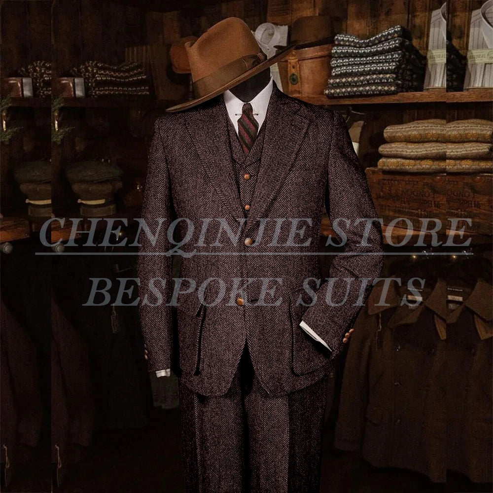 Elegant Tweed Men's Suits for Winter Single Breasted Notch Lapel Slim Fit Male Clothing High Quality 3 Piece Jacket Pants Vest