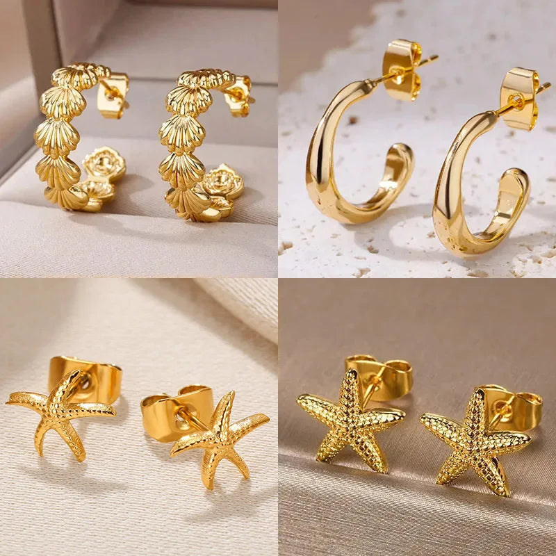Stainless Steel Shell Earrings For Women Gold Color C-shaped Starfish Butterfly Earring