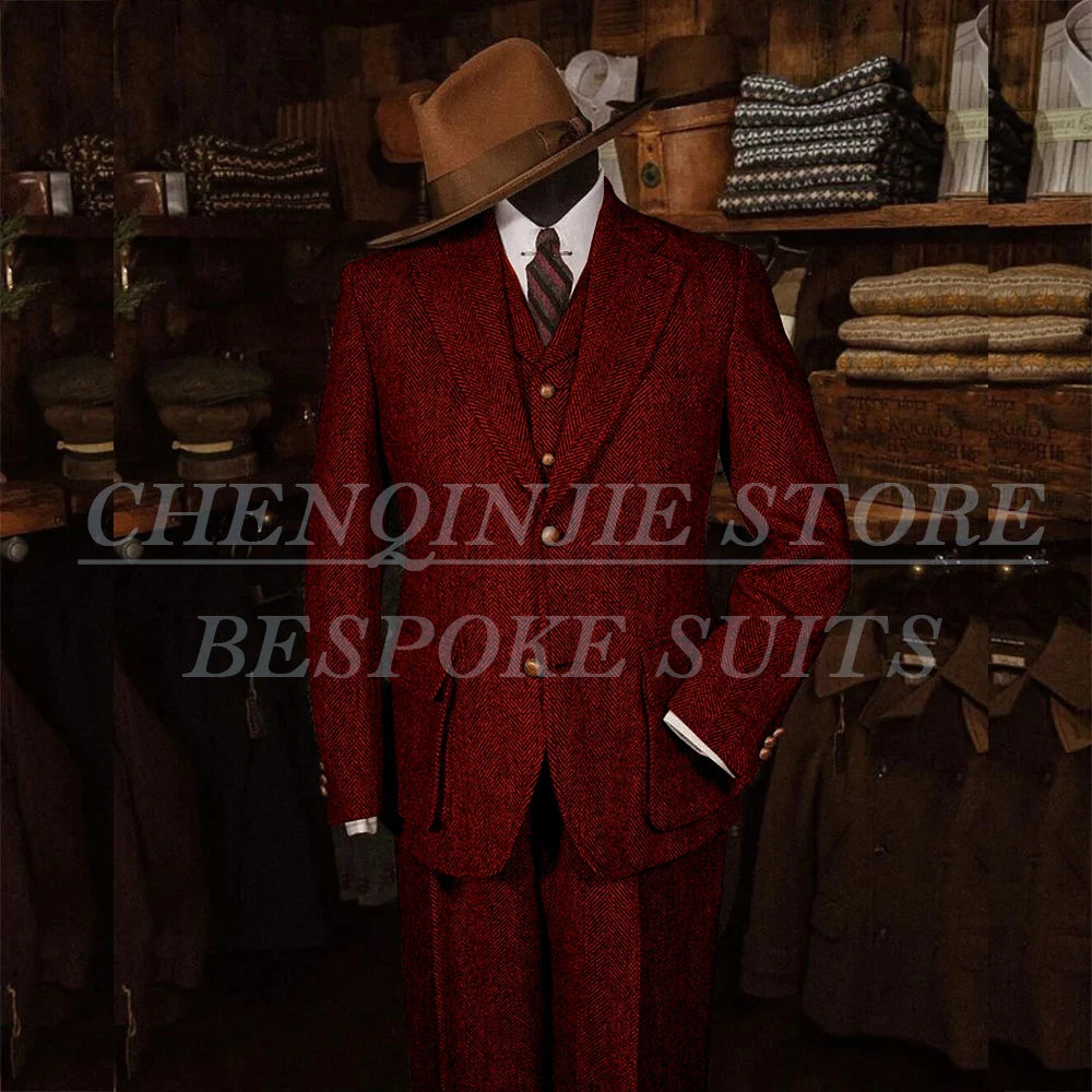 Elegant Tweed Men's Suits for Winter Single Breasted Notch Lapel Slim Fit Male Clothing High Quality 3 Piece Jacket Pants Vest
