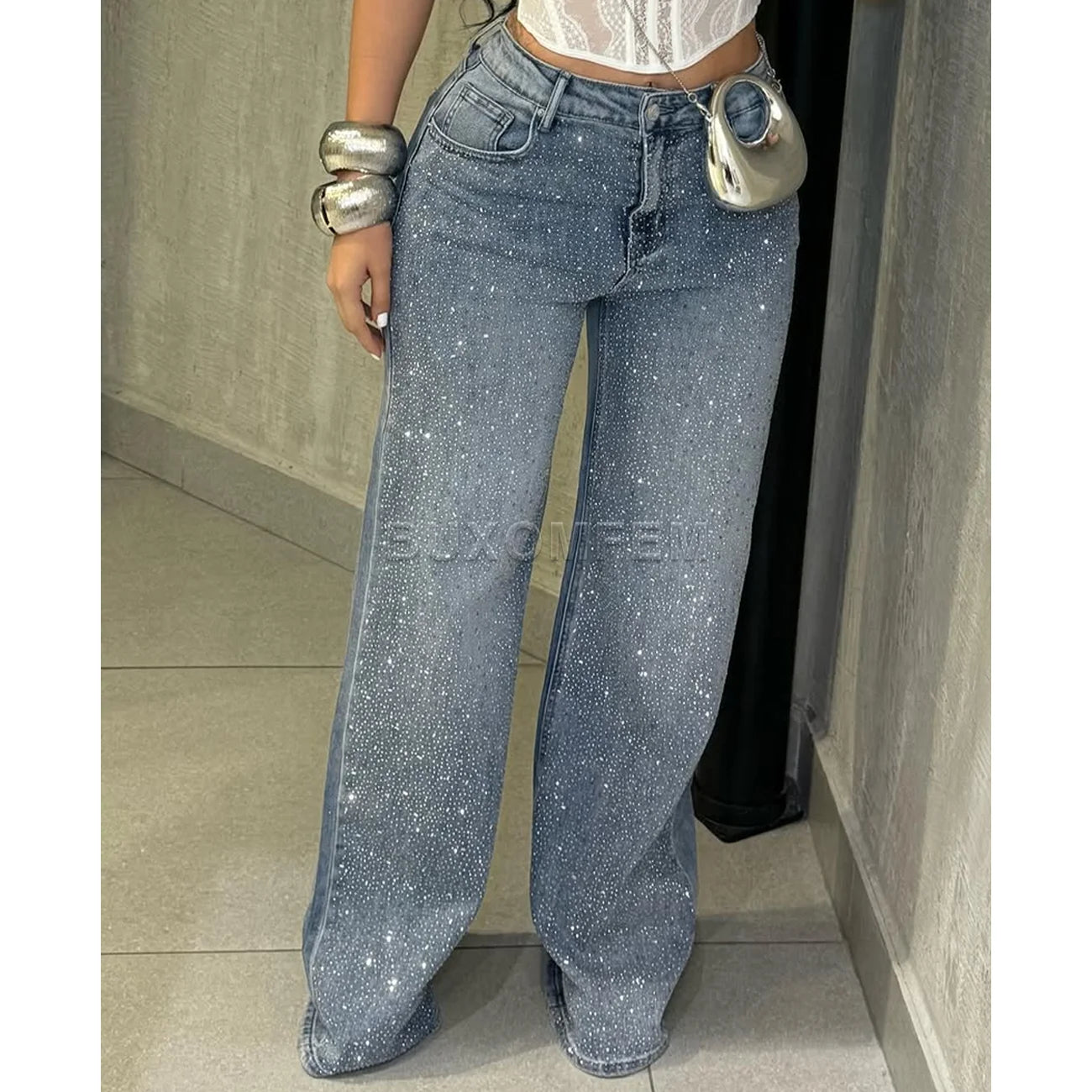 Ladies Stylish Baggy Pants Y2k Streetwear Women's Drilled Straight Leg Jeans Outfit Wide Leg Pants Loose Jeans Ladies Bottoms