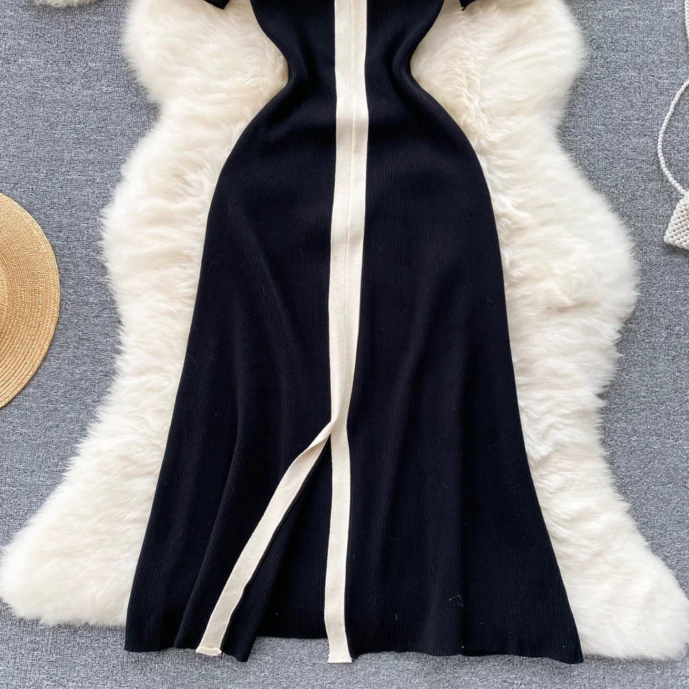 Cherub French Vintage Elegant Short Sleeve Stretch Knitted Dress