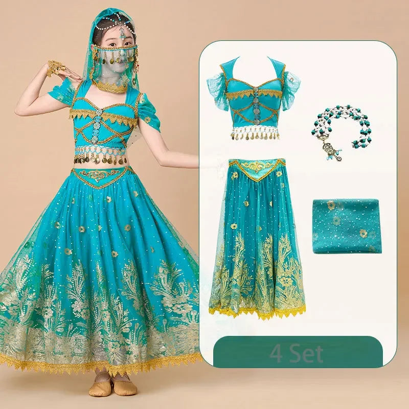 Kids India Princess Belly Dance Set Children  Oriental Indian Dance Sari Girl Performance Costume Bollywood Stage Outfit