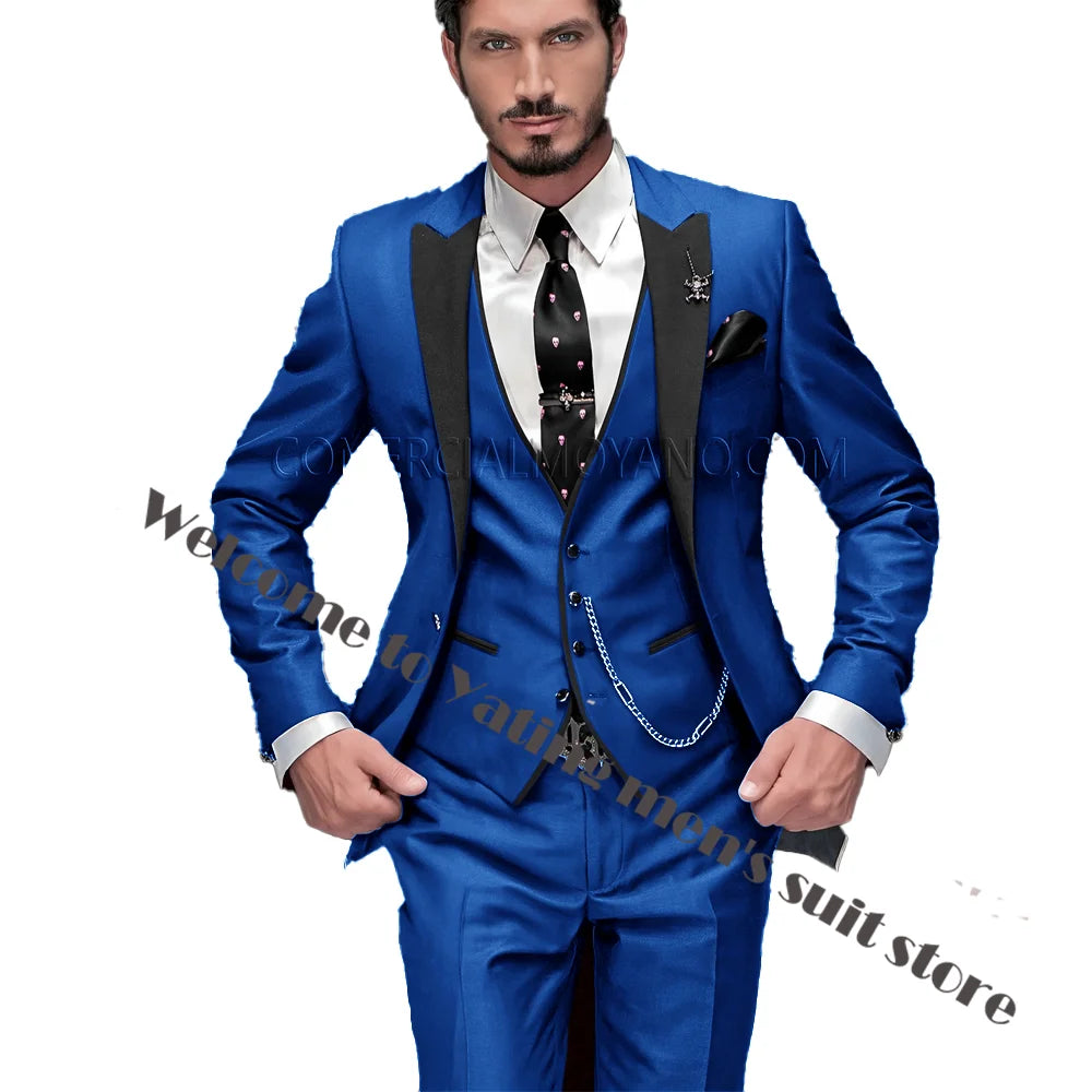 2024 New Men's Suit Wedding Tuxedo Groom Jacket Pants Vest Three-piece Set Elegant Men Blazer Wine Red Formal Outfit