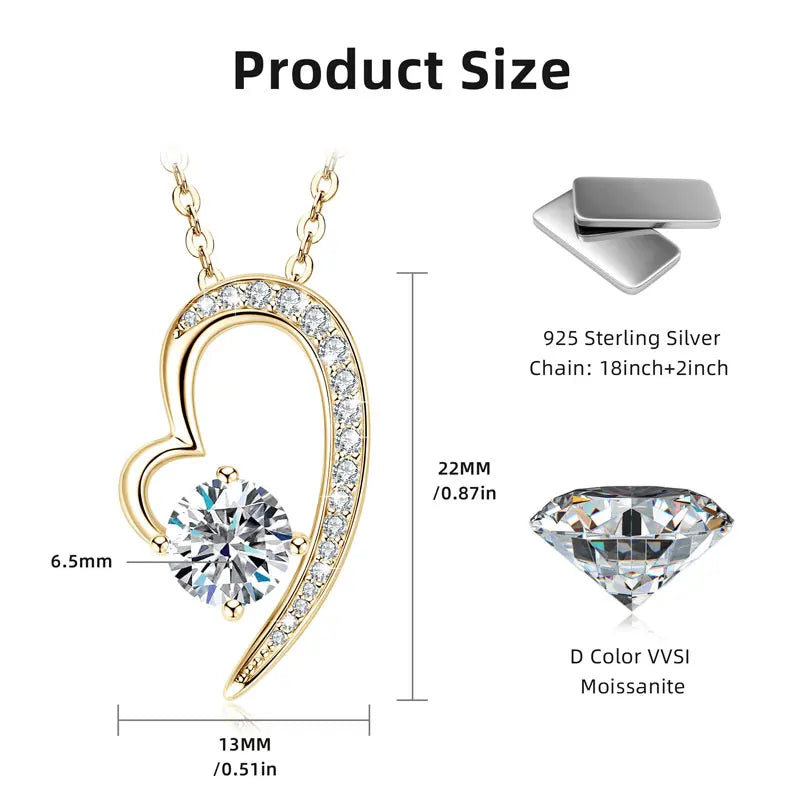 Anziw Real 925 Silver Heart Pendant Necklace Moissanite 1CT 6.5mm S925 Chain for Women Lover Girl Christmas Valentine's Day Gift