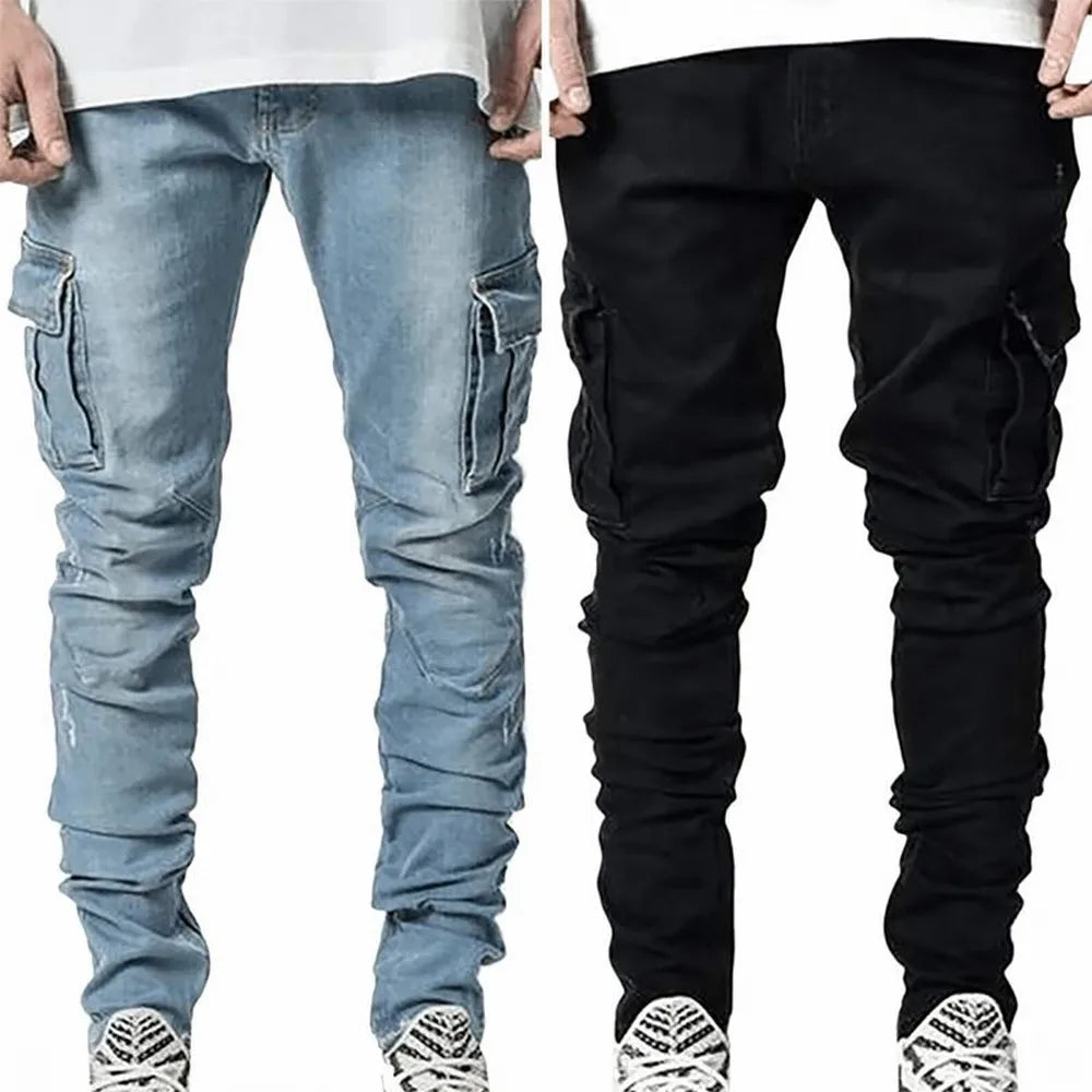 Urban Elastic Jeans Men Denim Cargo Pants Wash Solid Color Multi Pockets Casual Mid Waist Trousers Slim Fit Joggers