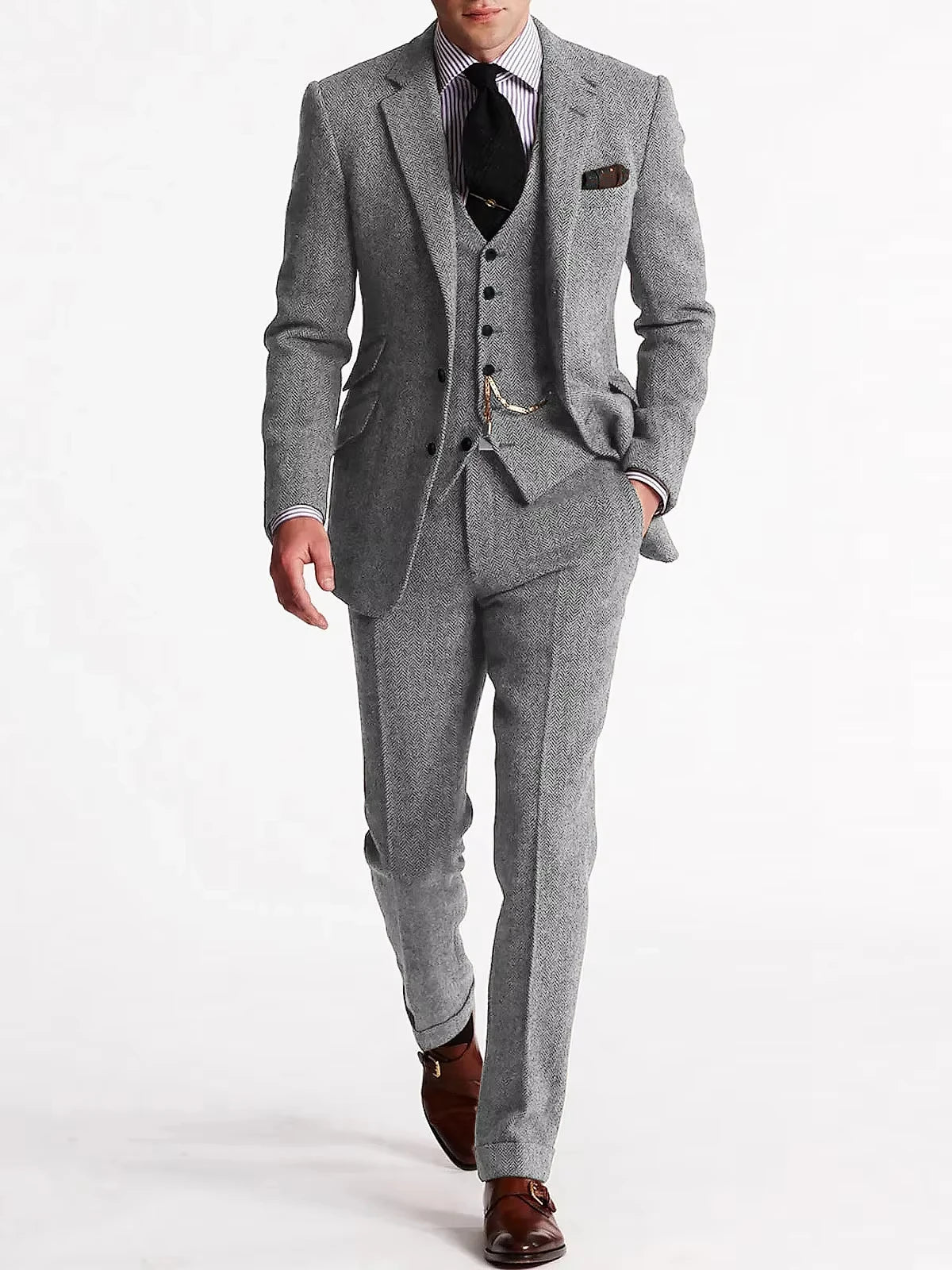  Herringbone Tweed Suits for Men 3 Piece Set Double-Breasted Slim Fit Tuxedo Size Man Suit Set Custom Made Men Fashion Suits