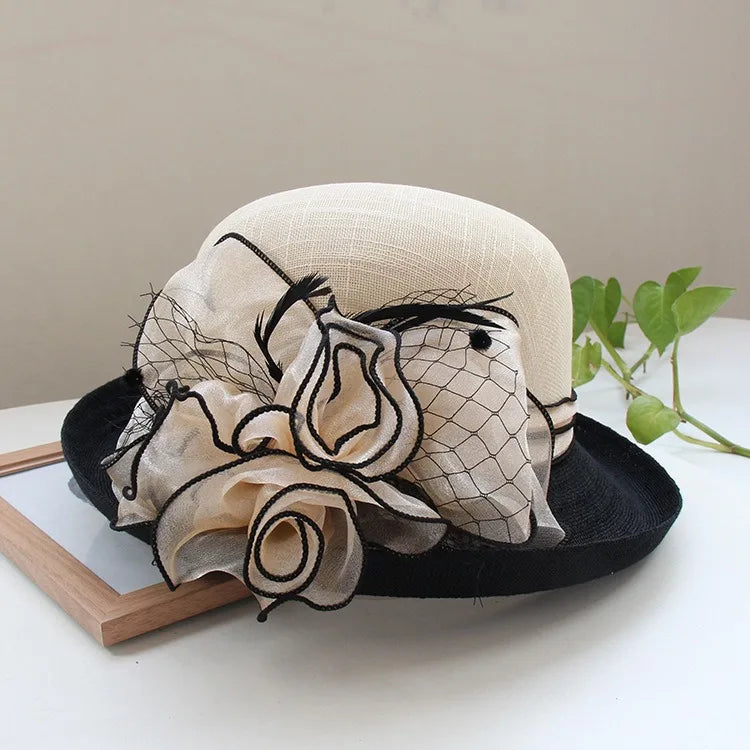 Cherub Lady Deby Fedora Hat Summer Church Elegant Sinamay Flower Linen Sun Hat Curl Brim