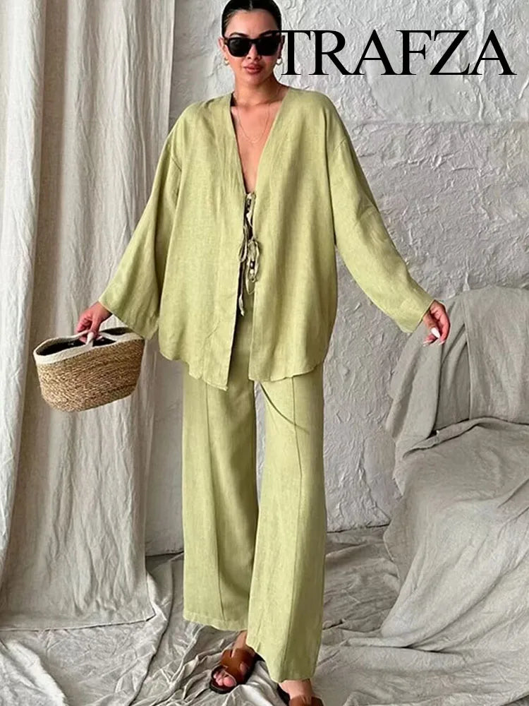 Cherub Women 2 Piece Set Fashion V-Neck Long Sleeved Lace-Up Cotton And Linen Kimono Jacket Elastic Waist Linen Pants.