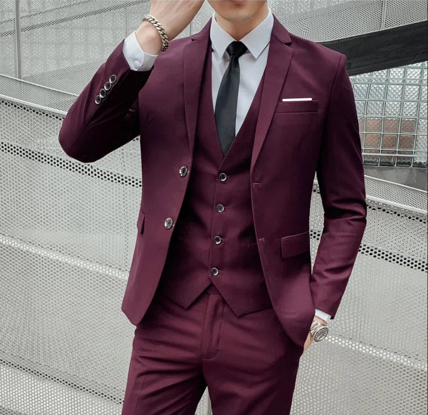 Suit (Blazer+ Vest + Trousers) Multicolor Choices Men's Fashionable Gentleman Business British Style Solid-color Banquet Host Casually Wedding Suit