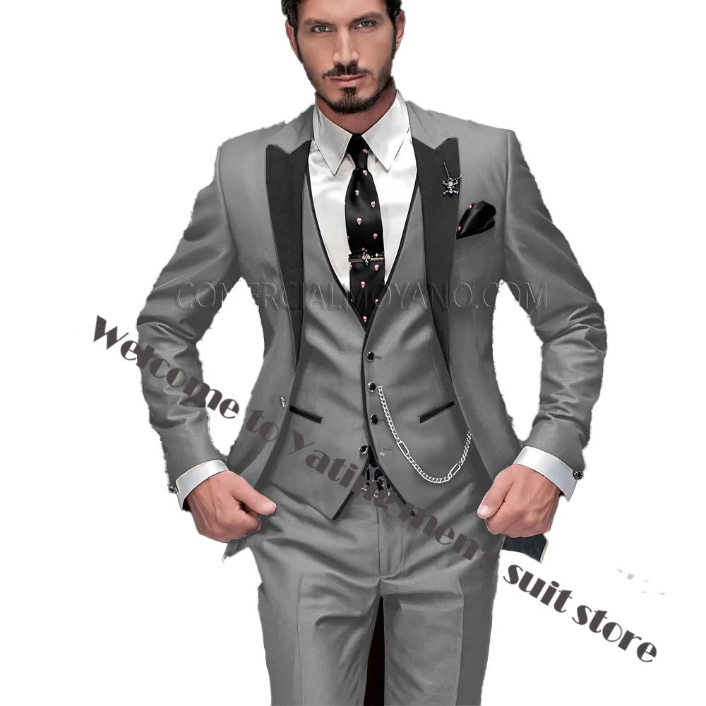 2024 New Men's Suit Wedding Tuxedo Groom Jacket Pants Vest Three-piece Set Elegant Men Blazer Wine Red Formal Outfit