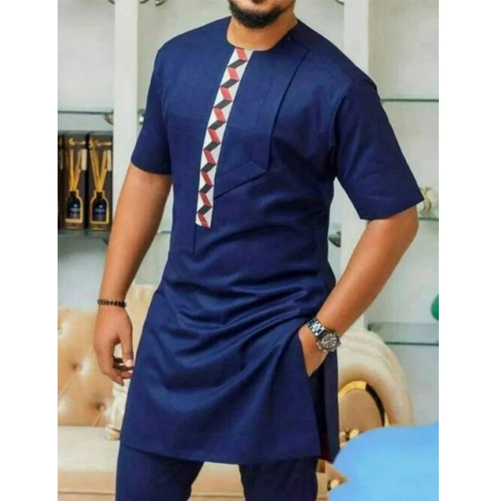 African Traditional Men Suit Printed Shirt Top Elastic Waist Pants White Wedding 2 Piece Set Outfits Ethnic Style Costumes