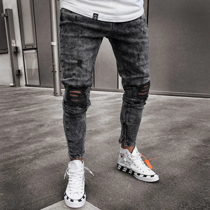Men European American Style High Urban Ripped Hip Hop Stylish Skinny Jeans High Quality Holes Casual Cotton Pencil Denim Pants