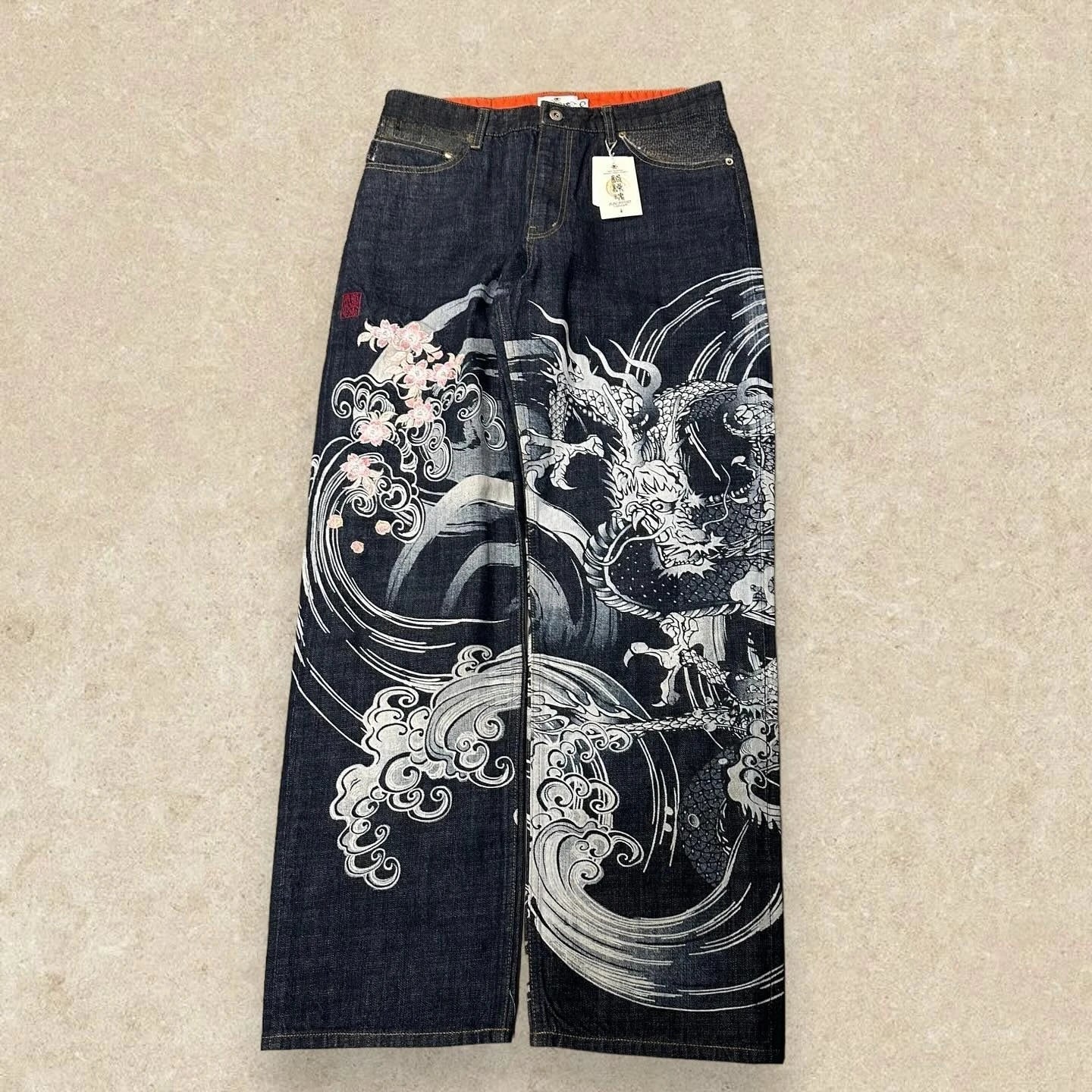 Harajuku Japanese Jeans Mens New Dragon High Quality Jeans  Vintage Hip Hop Urban Denim Fabric Wide Leg pants