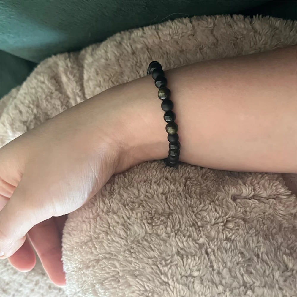 Triple Protection Bracelet, Black Natural stone bracelet, Golden obsidian Bracelet,，Adjustable beaded bracelet，1pc