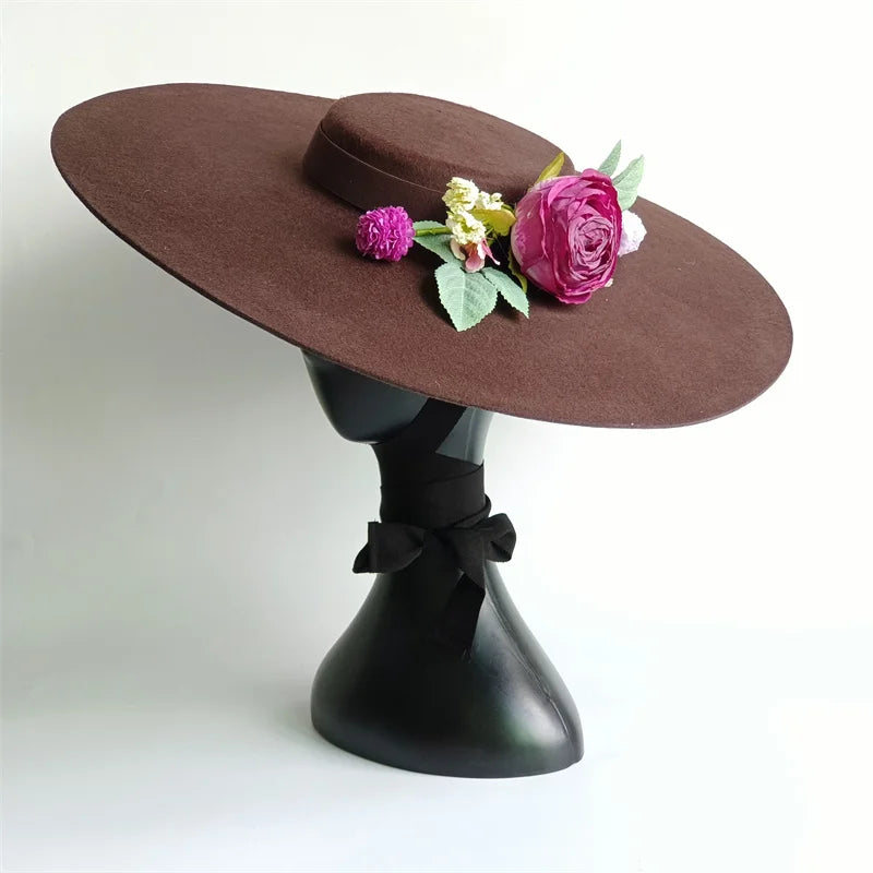 Cherub Sunday Best Easter Sunday satisfaction/Bridal Hat White Simulation Flower Wool Hat Removable Flat Top Female Spring/Winter Strap Included