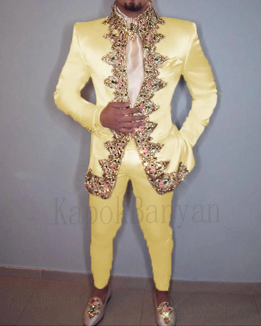 Men Suit 4K Two Piece (Jacket+Pants+Belt) Italian Stand Collar Slim Fit Wedding Suit for Men Custom Made /Embroidery Print Suit