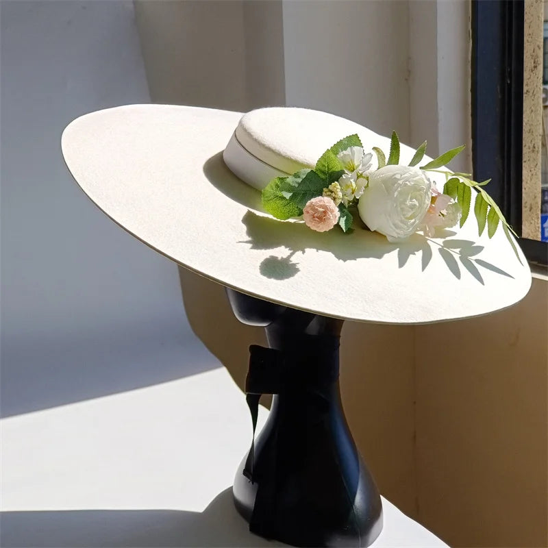 Cherub Sunday Best Easter Sunday satisfaction/Bridal Hat White Simulation Flower Wool Hat Removable Flat Top Female Spring/Winter Strap Included