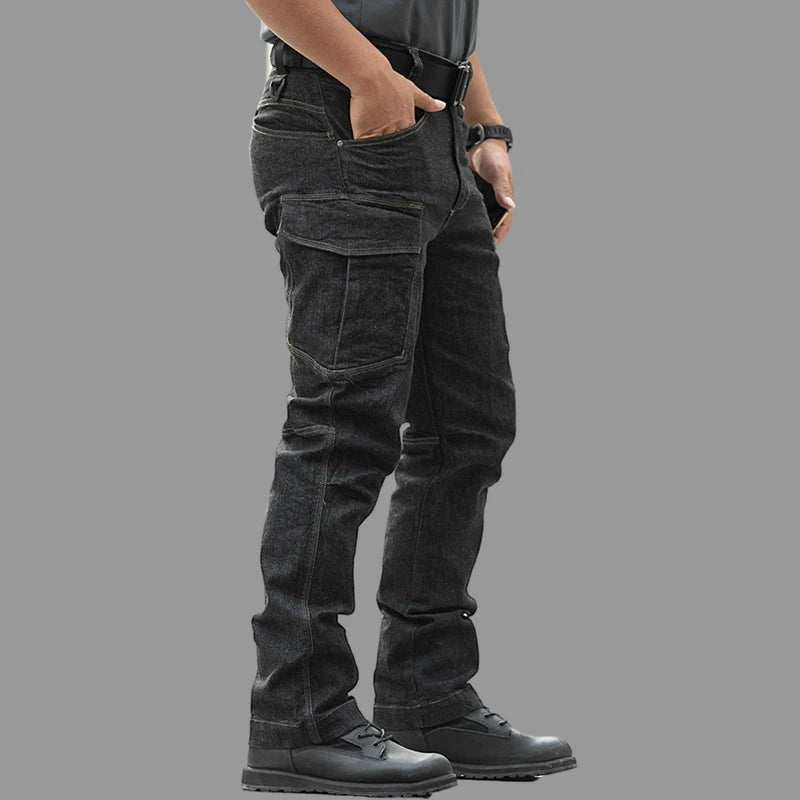 Men's Spring Combat Cargo Jeans Tactical Solid Long Trousers Casual Motorcycle Denim Biker Jeans Stretch Multi Pockets Pants