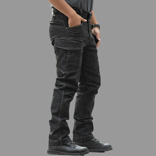 Men's Spring Combat Cargo Jeans Tactical Solid Long Trousers Casual Motorcycle Denim Biker Jeans Stretch Multi Pockets Pants