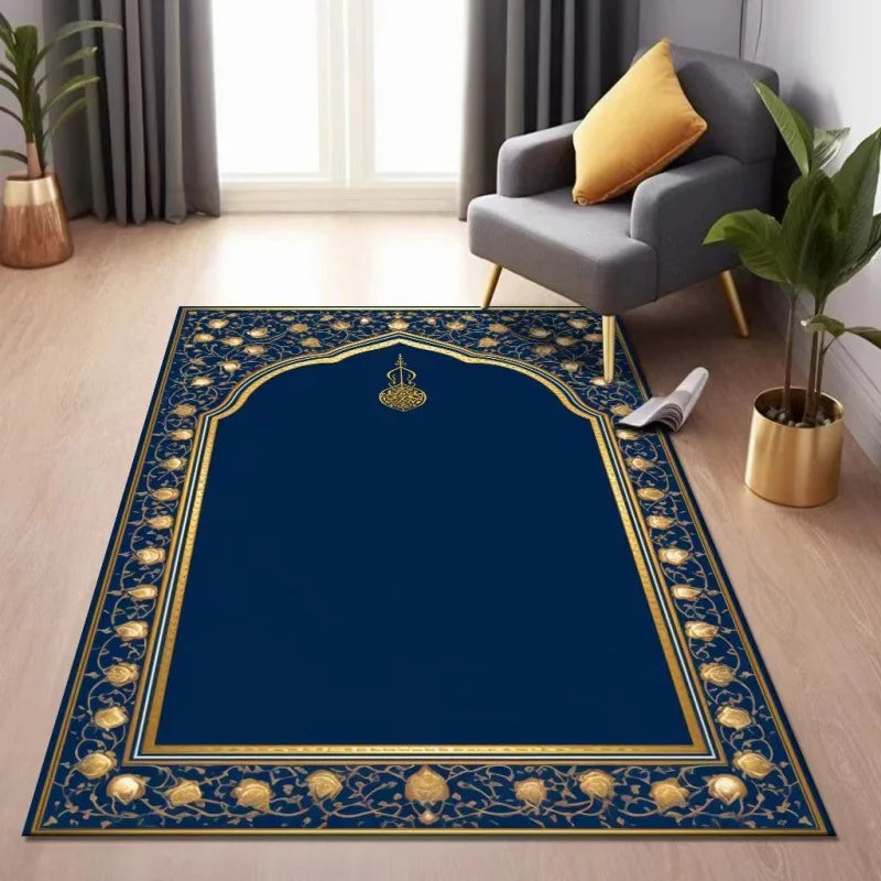 Mecca Kaaba Islamic Prayer Mat Gold Blue Arabesque Pattern Carpet Rug for Muslim Worship Home Decoration Rugs Living Room