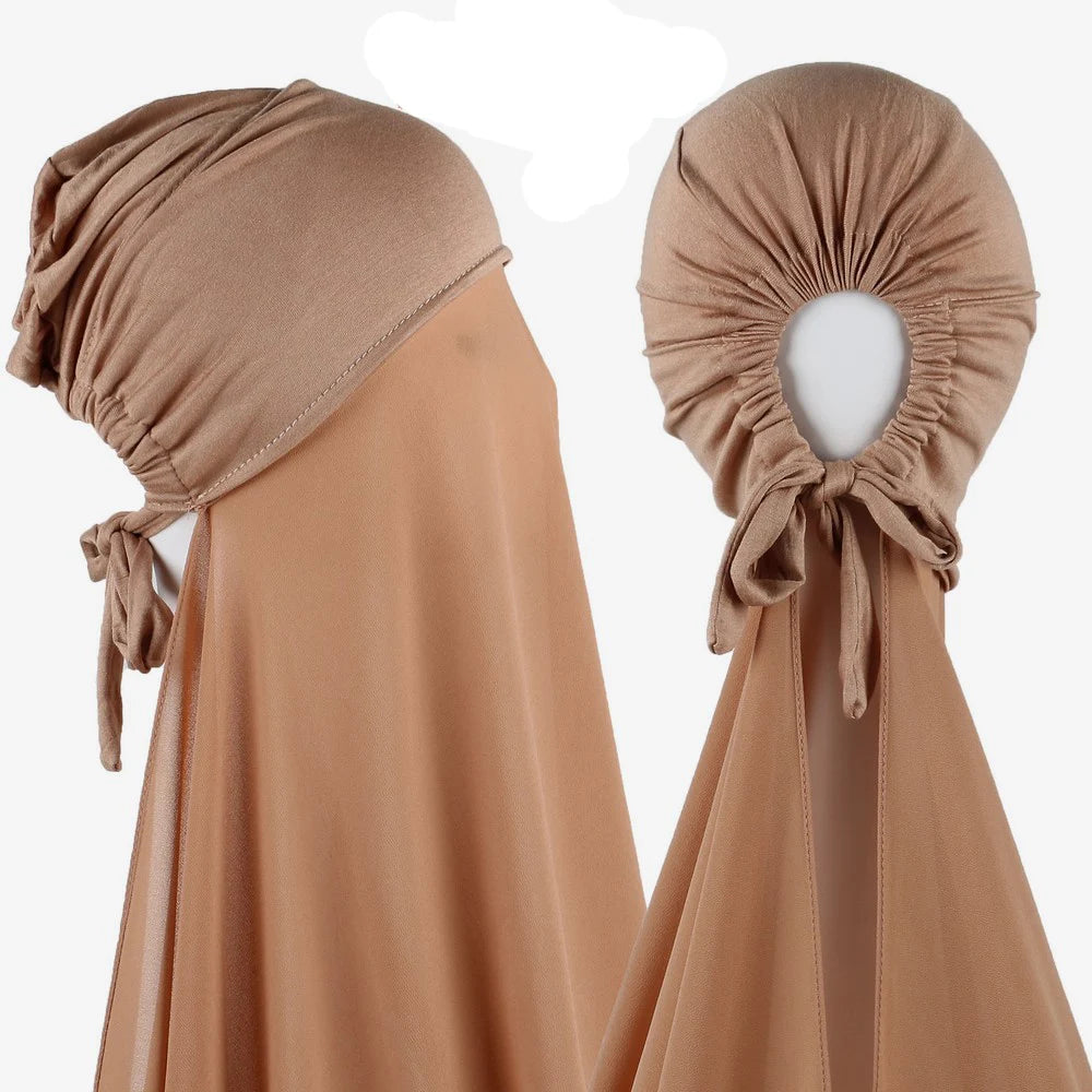 Muslim Instant Hijab Women Bonnet with Chiffon Shawl Head Scarf Cap Inner Headband Stretch Hijab Cover Headwrap Turbante