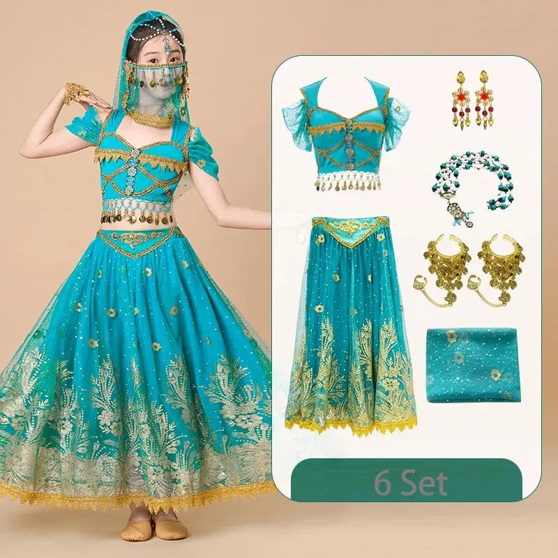 Kids India Princess Belly Dance Set Children  Oriental Indian Dance Sari Girl Performance Costume Bollywood Stage Outfit