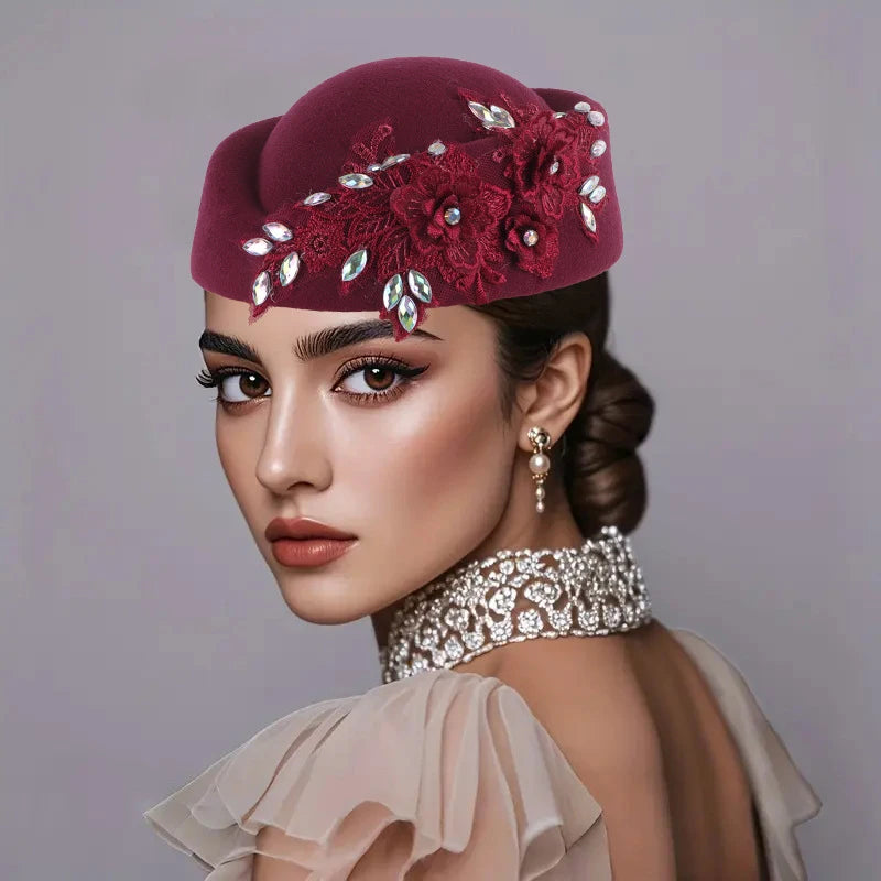 Cherub Vintage Women's Church Sundays Best Fascinator Hat W/Flower and Rhinestone Headdress Soft Beret Cap /Party Wedding Prom