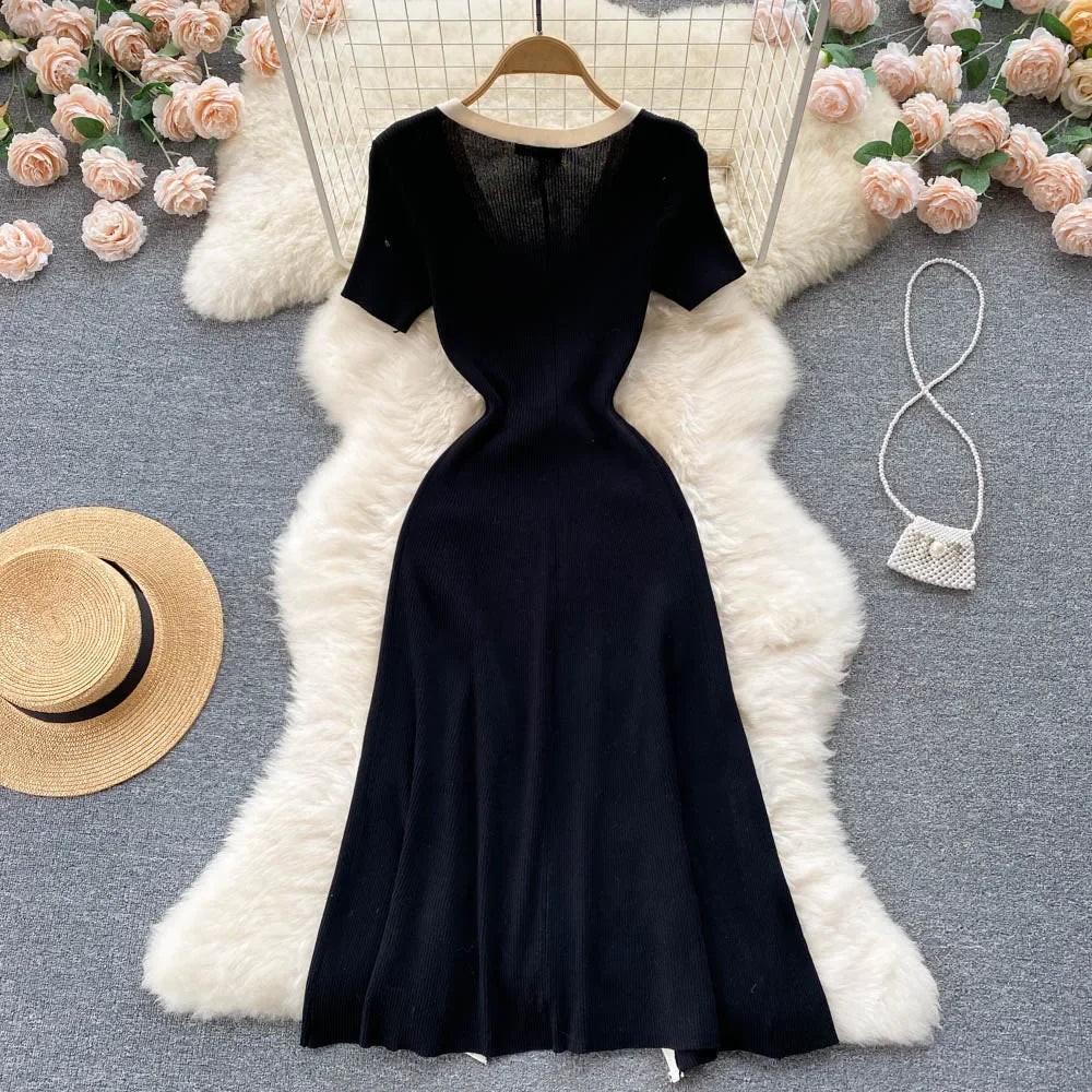 Cherub French Vintage Elegant Short Sleeve Stretch Knitted Dress