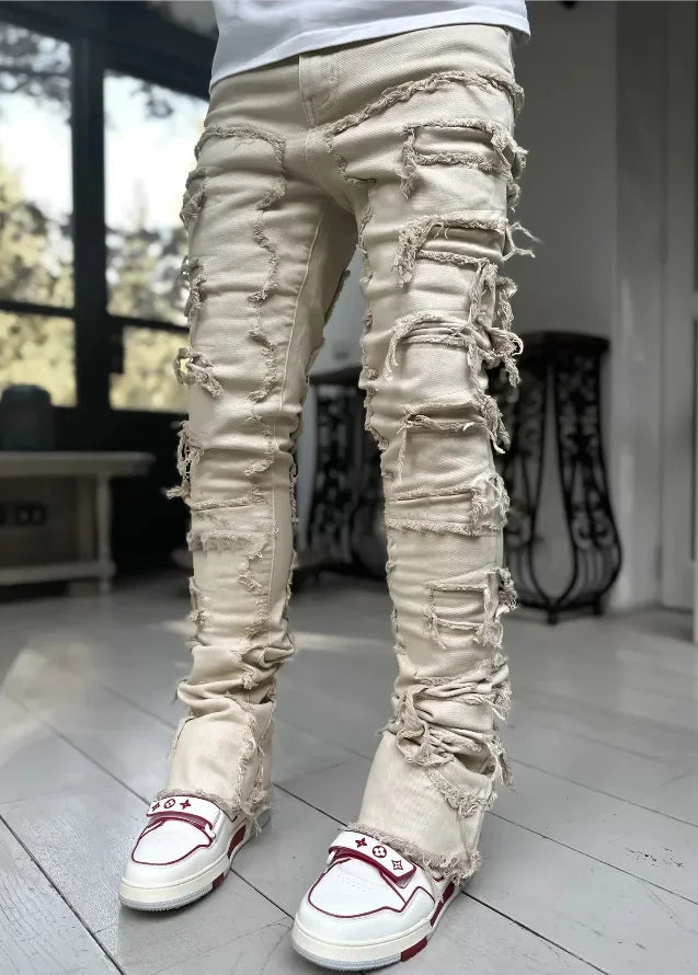 Urban Stacked Men's Regular Fit Jeans Ripped Slim Fit Patch Distressed Destroyed Straight Denim Pants Hip Hop Trouser Cloth