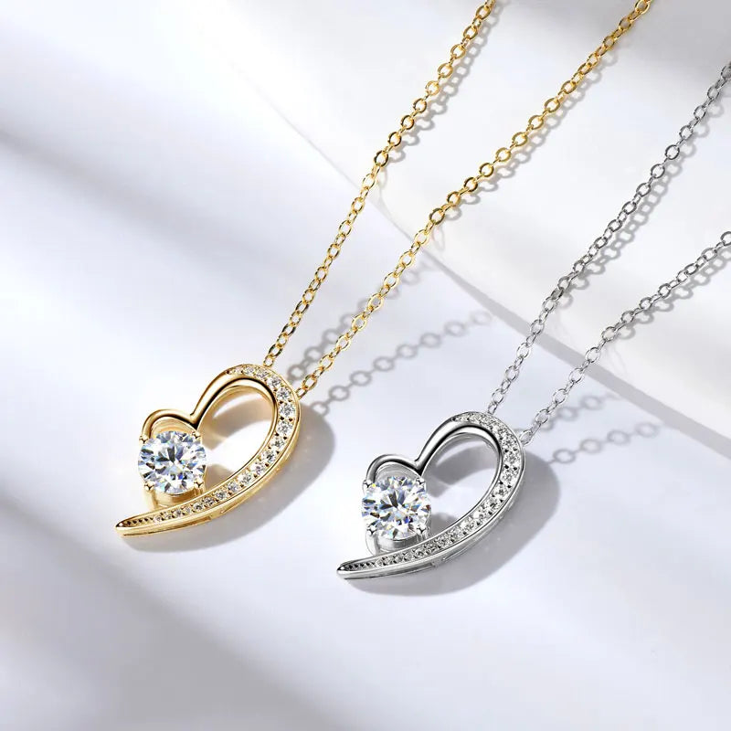 Anziw Real 925 Silver Heart Pendant Necklace Moissanite 1CT 6.5mm S925 Chain for Women Lover Girl Christmas Valentine's Day Gift
