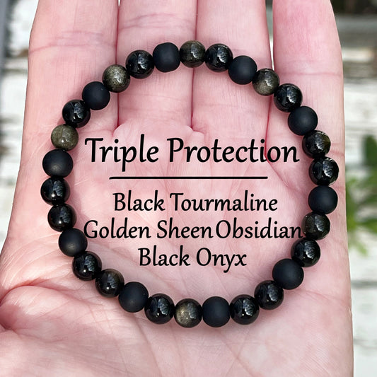 Triple Protection Bracelet, Black Natural stone bracelet, Golden obsidian Bracelet,，Adjustable beaded bracelet，1pc
