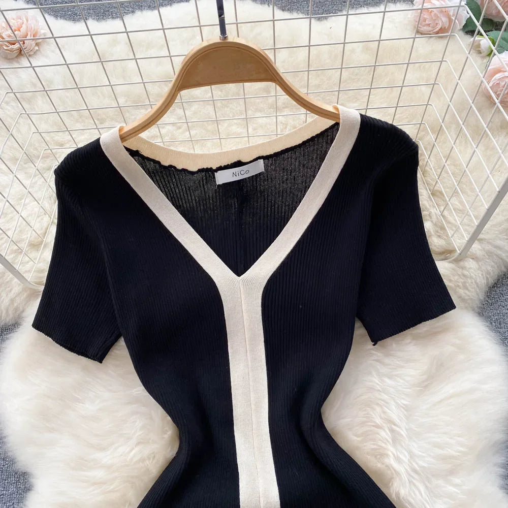Cherub French Vintage Elegant Short Sleeve Stretch Knitted Dress