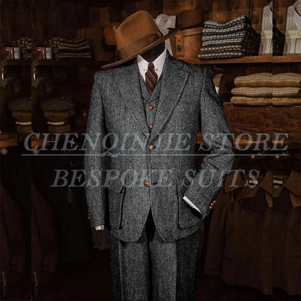 Elegant Tweed Men's Suits for Winter Single Breasted Notch Lapel Slim Fit Male Clothing High Quality 3 Piece Jacket Pants Vest