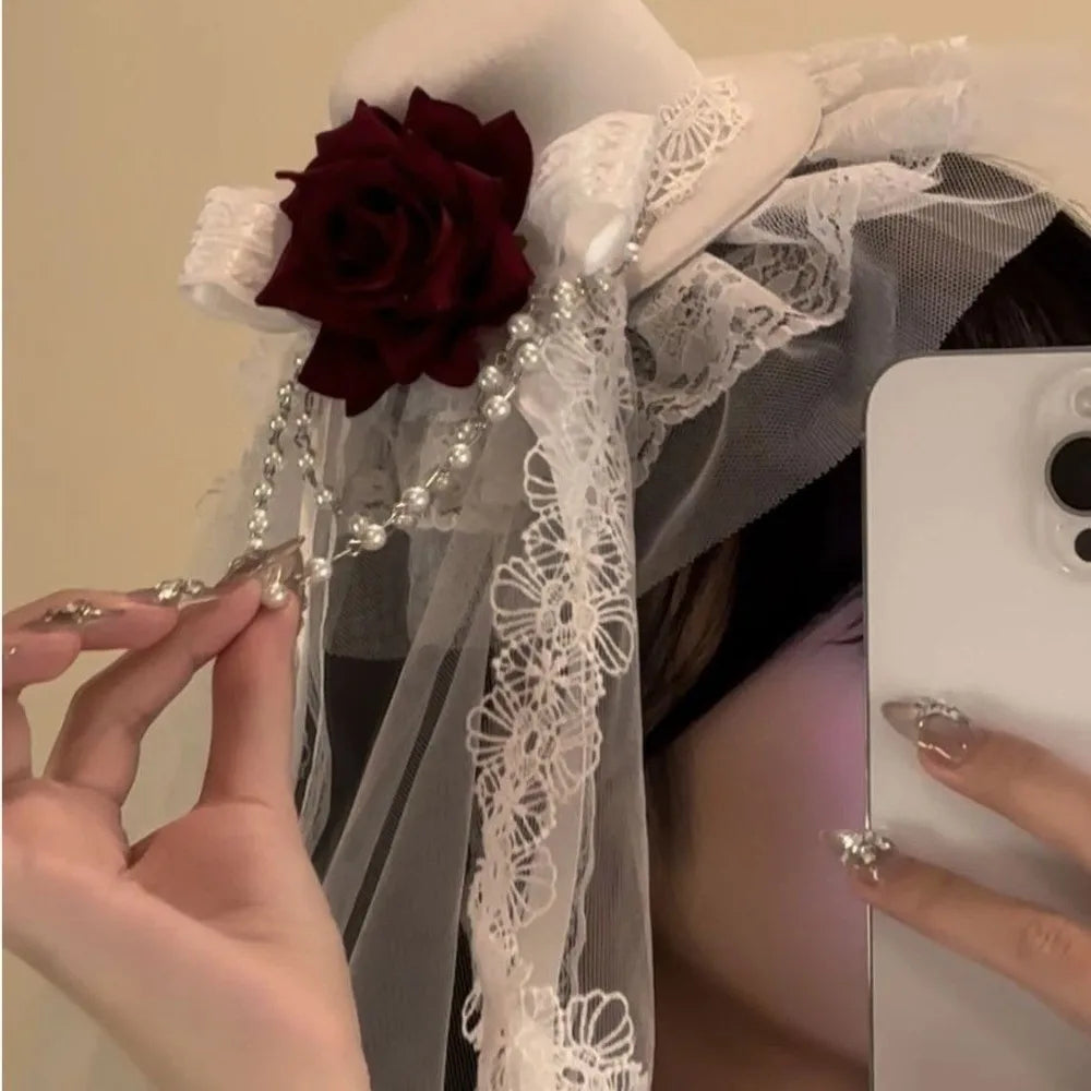Cherub Flowers Bow Decor Funeral Home Going /Wedding Veil Rose Top Hat Black or White Cosplay Costume Lolita Headdress