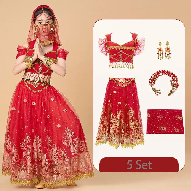Kids India Princess Belly Dance Set Children  Oriental Indian Dance Sari Girl Performance Costume Bollywood Stage Outfit