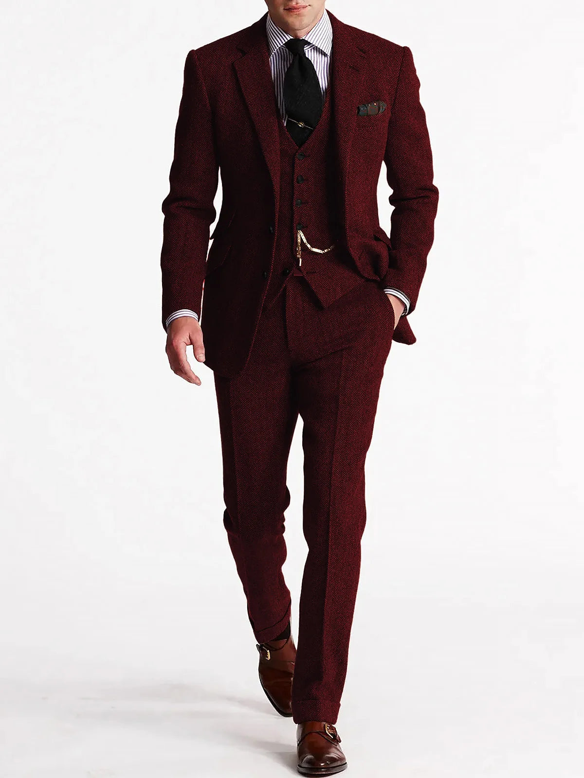 ANNIEBRITNEY Herringbone Tweed Suits for Men Slim Fit Tuxedo Man Suit Set Trajes De Hombre Anzug Herren Custom Made Men Suits