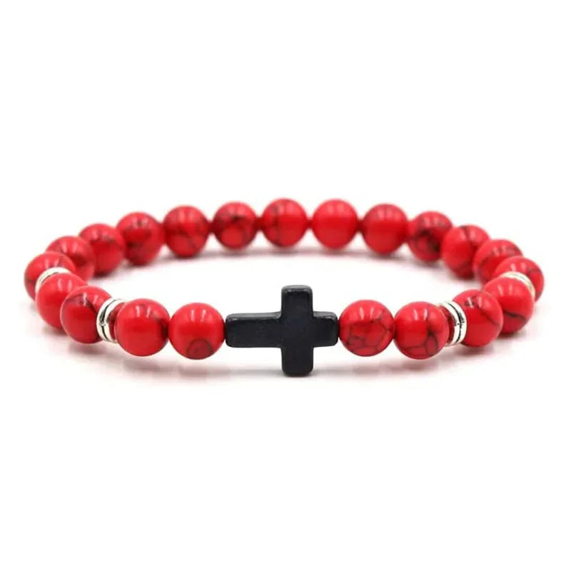 Prayer Men & Women Natural Stone Wood Beads Rosary Hematite Cross Onyx Meditation Bracelets. Spiritual Jewelry.