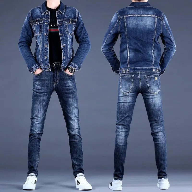 Luxury Brand Men's with Denim Suit Men's 2025 New Autumn and Winter High-end Trendy Casual Jacket Top Versatile Jeans Jacket Set