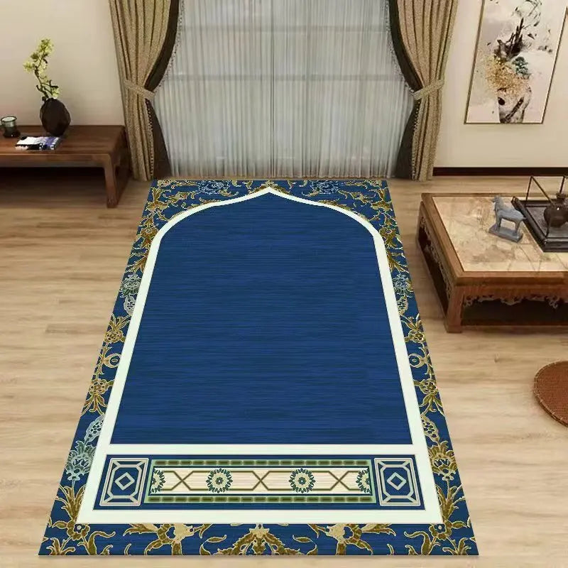 Mecca Kaaba Islamic Prayer Mat Gold Blue Arabesque Pattern Carpet Rug for Muslim Worship Home Decoration Rugs Living Room