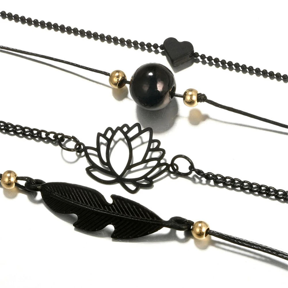 Cherub Fashion Black Multi-layer Heart Leaf Lotus Anklet Beaded Chain bracelet